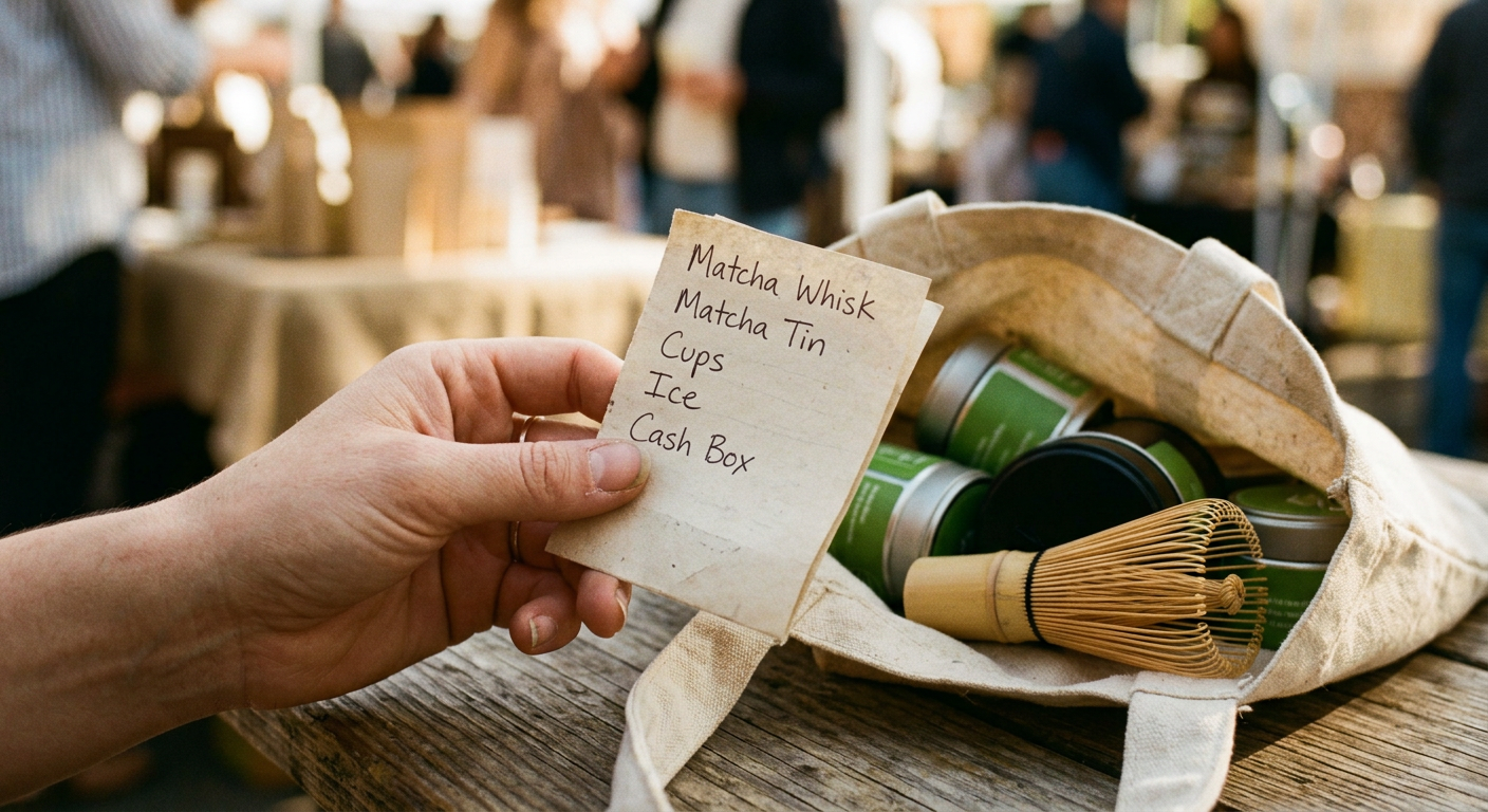 A hand holding a handwritten list of pop-up stall supplies next to a tote bag of matcha tins and a whisk, labelled as a sample setup list